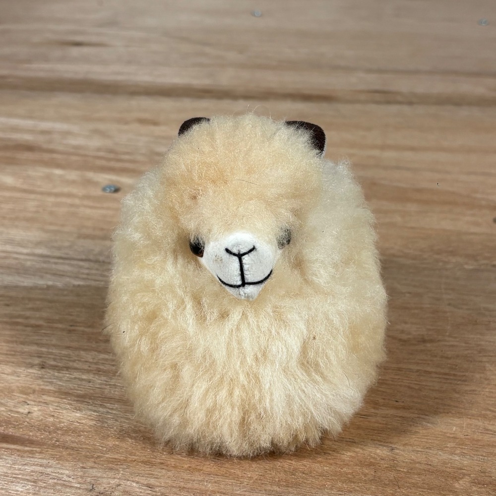 Handmade Real Alpaca Wool Fluffy Llama Figurine Cream Tan 4 Inch Plush Decor